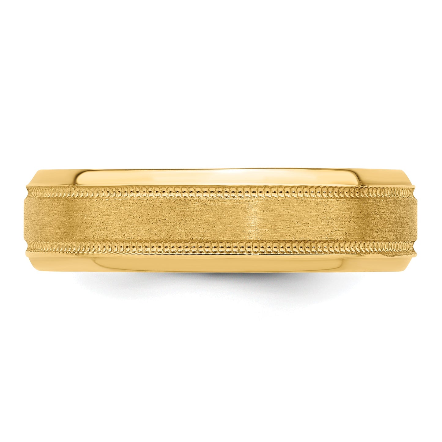 14k Yellow Gold 6mm Standard Weight Comfort Fit Brushed Satin/Polished Milgrain Grooved Edge Wedding Band Size 9.5