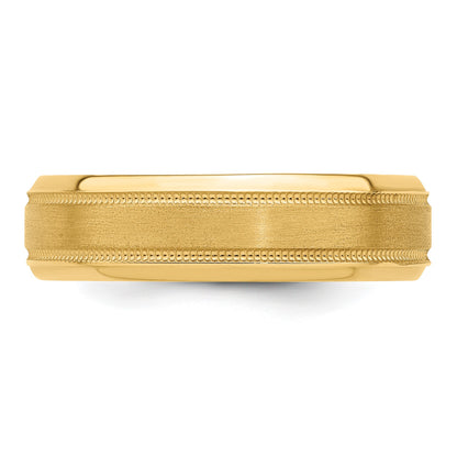 14k Yellow Gold 6mm Lightweight Comfort Fit Brushed Satin/Polished Milgrain Grooved Edge Wedding Band Size 7.5