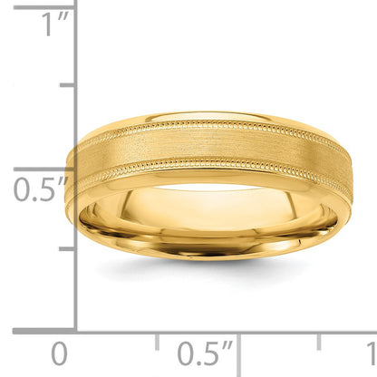 14k Yellow Gold 6mm Standard Weight Comfort Fit Brushed Satin/Polished Milgrain Grooved Edge Wedding Band Size 10