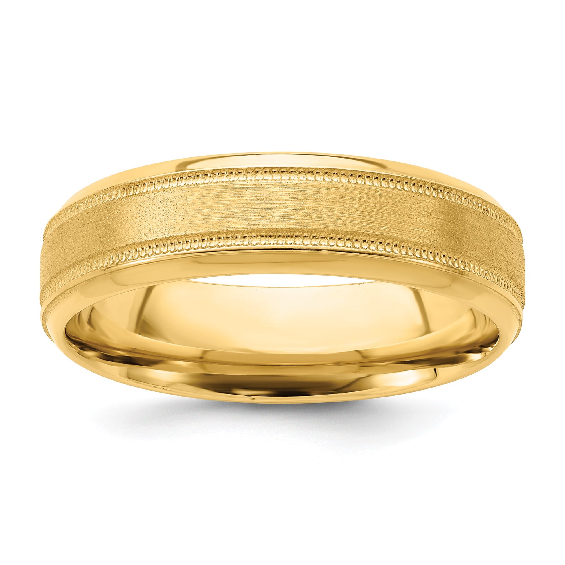 14k Yellow Gold 6mm Standard Weight Comfort Fit Brushed Satin/Polished Milgrain Grooved Edge Wedding Band Size 9.5