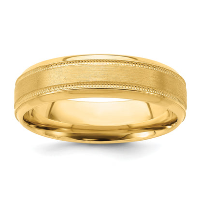 14k Yellow Gold 6mm Lightweight Comfort Fit Brushed Satin/Polished Milgrain Grooved Edge Wedding Band Size 7.5