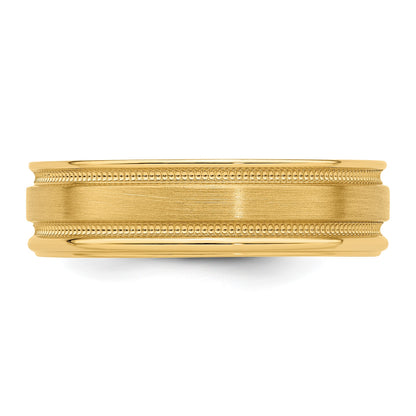 14k Yellow Gold 6mm Heavyweight Comfort Fit Brushed Satin/Polished Milgrain Grooved Edge Wedding Band Size 10