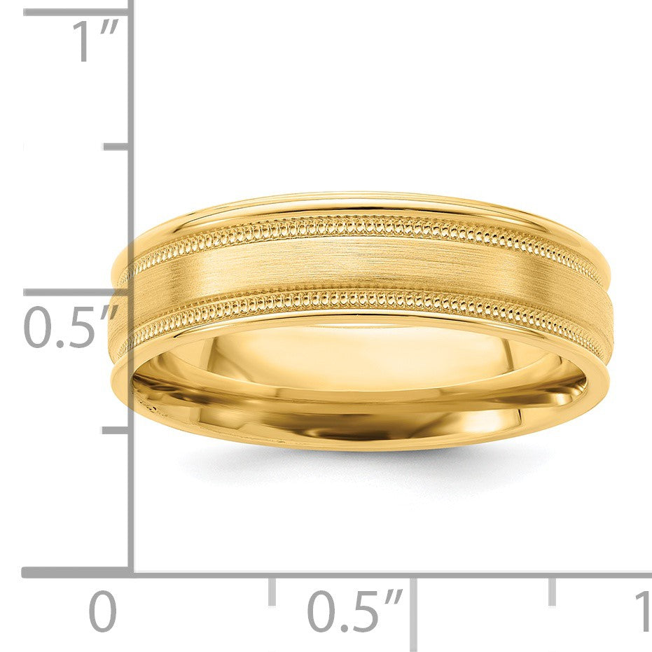 14k Yellow Gold 6mm Heavyweight Comfort Fit Brushed Satin/Polished Milgrain Grooved Edge Wedding Band Size 12