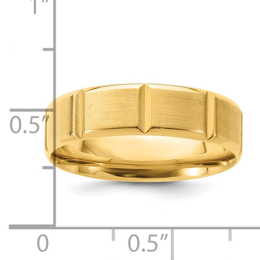 14k Yellow Gold 6mm Standard Weight Comfort Fit Brushed/Polished Beveled Edge with Vertical Lines Wedding Band Size 10