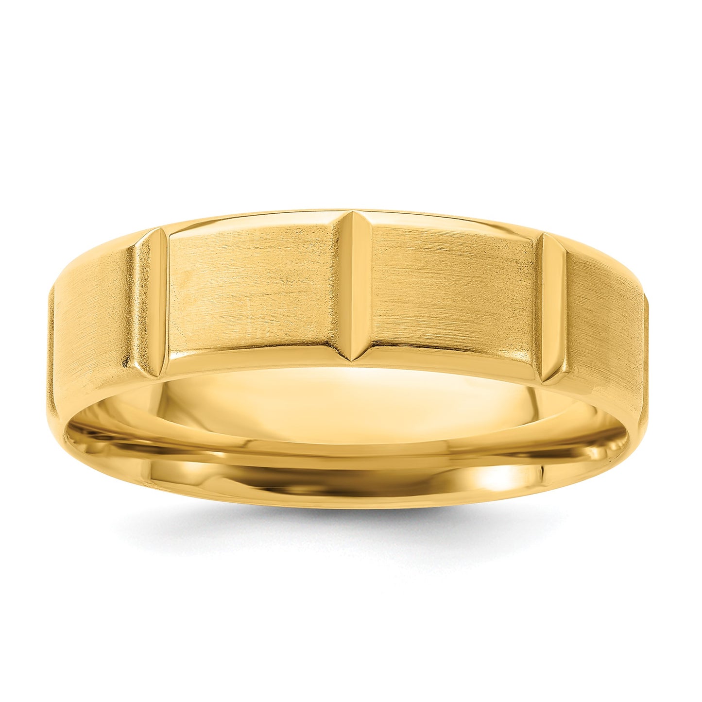 14k Yellow Gold 6mm Standard Weight Comfort Fit Brushed/Polished Beveled Edge with Vertical Lines Wedding Band Size 10