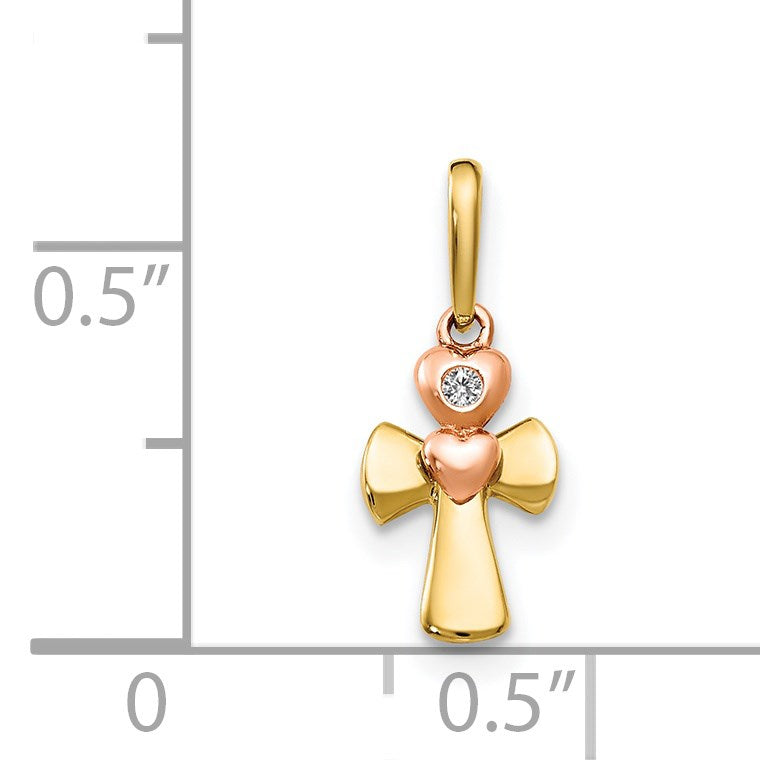 14k Yellow and Rose Gold CZ Cross Heart Childrens Pendant
