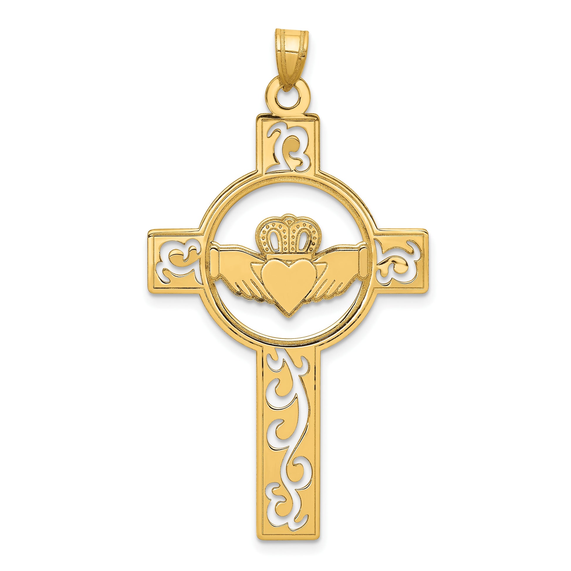 14k Laser-Cut Claddagh Cross Charm