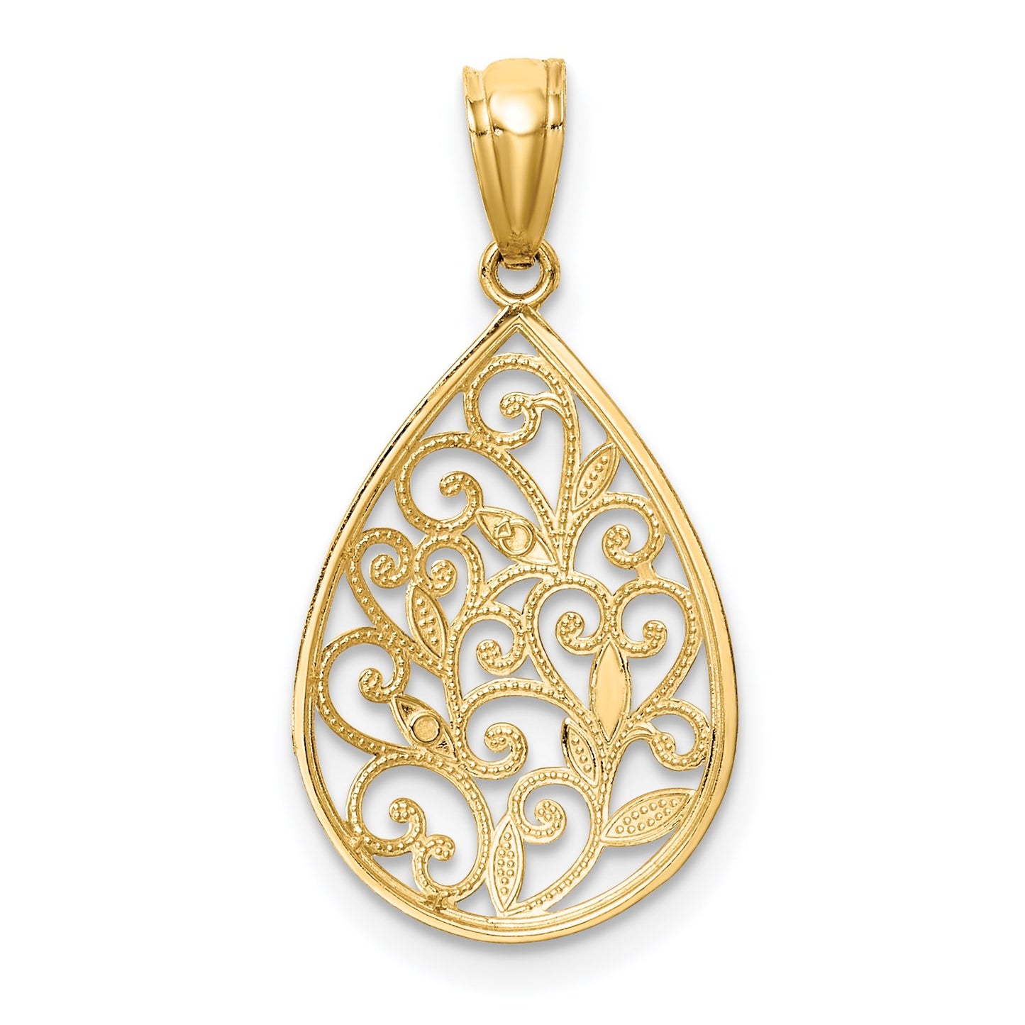 14K Polished and Textured Small Filigree Teardrop Pendant