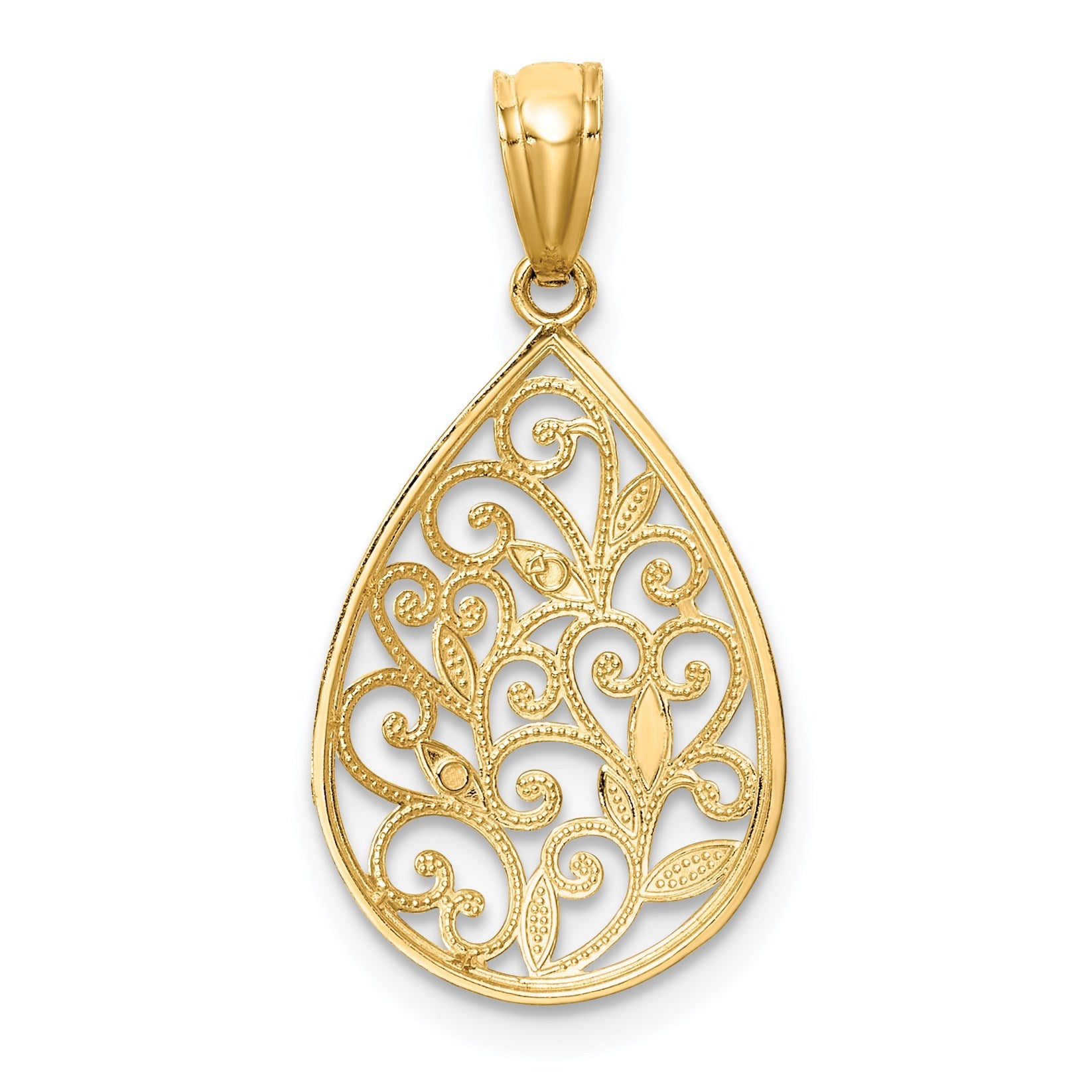 14K Polished and Textured Small Filigree Teardrop Pendant