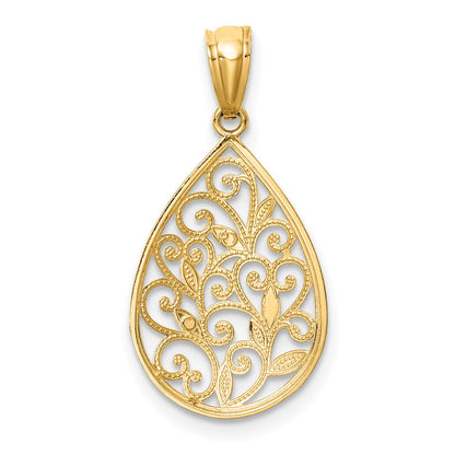 14K Polished and Textured Small Filigree Teardrop Pendant