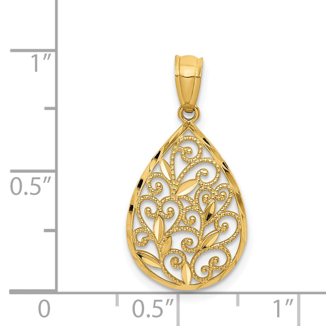 14K Polished and Textured Small Filigree Teardrop Pendant