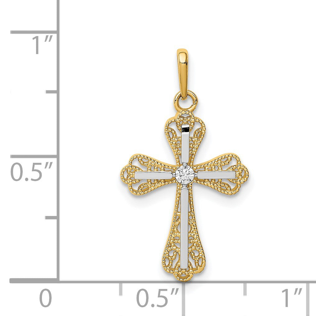 14K and White Rhodium CZ Cross Pendant