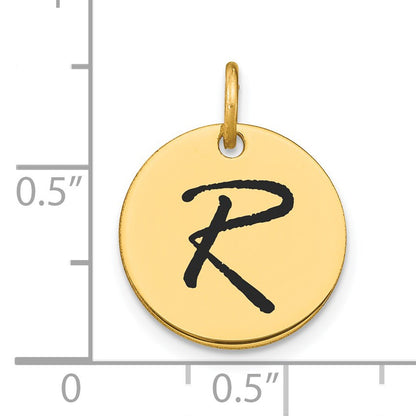 14k Polished Black Enamel Letter R Initial Disk Charm