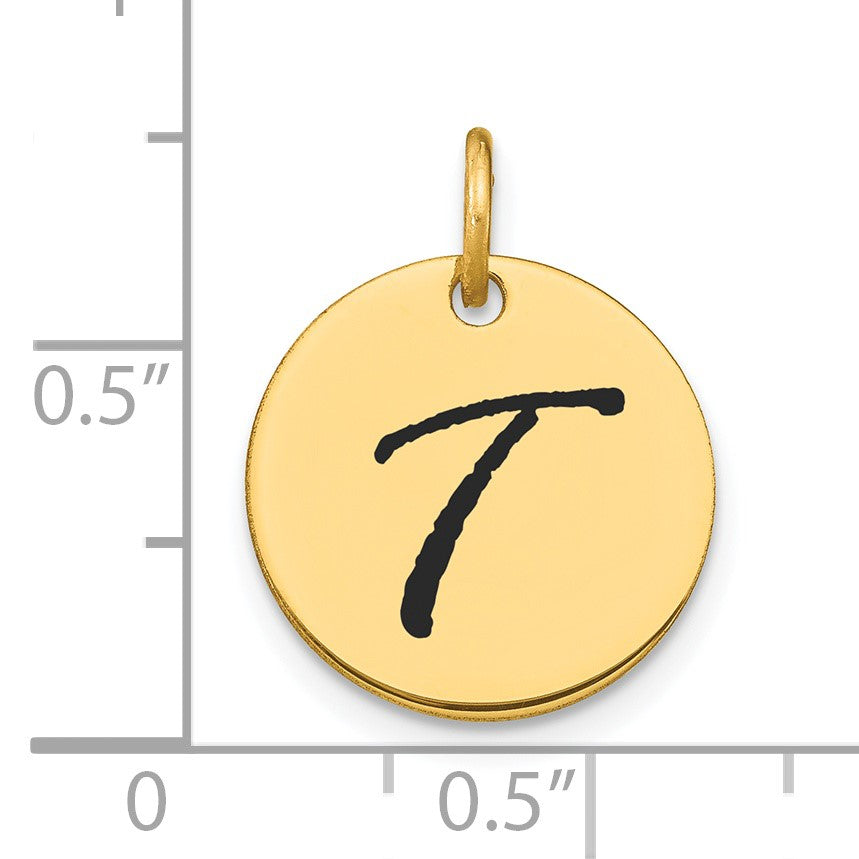 14k Polished Black Enamel Letter T Initial Disk Charm