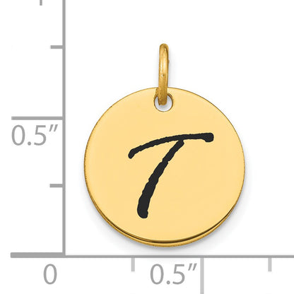 14k Polished Black Enamel Letter T Initial Disk Charm