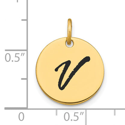 14k Polished Black Enamel Letter V Initial Disk Charm