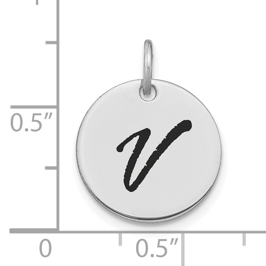 14kw Polished Black Enamel Letter V Initial Disk Charm