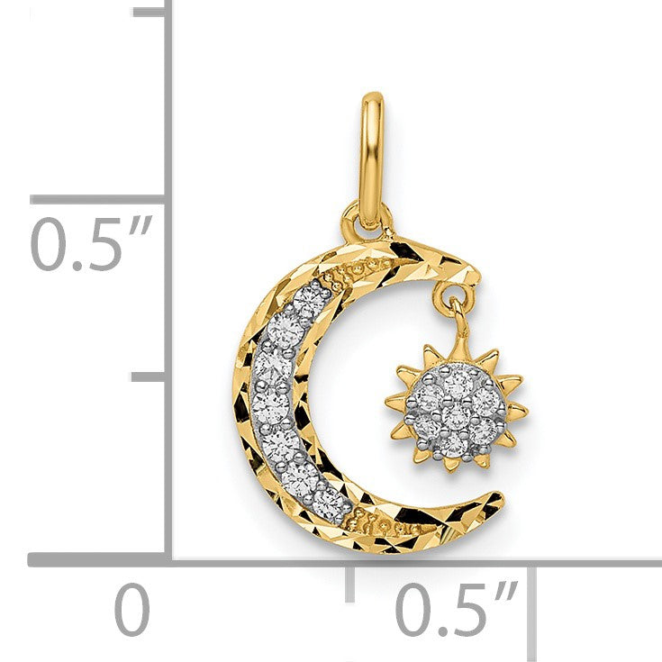 14k CZ Diamond-cut Moon and Dangle Sun Pendant