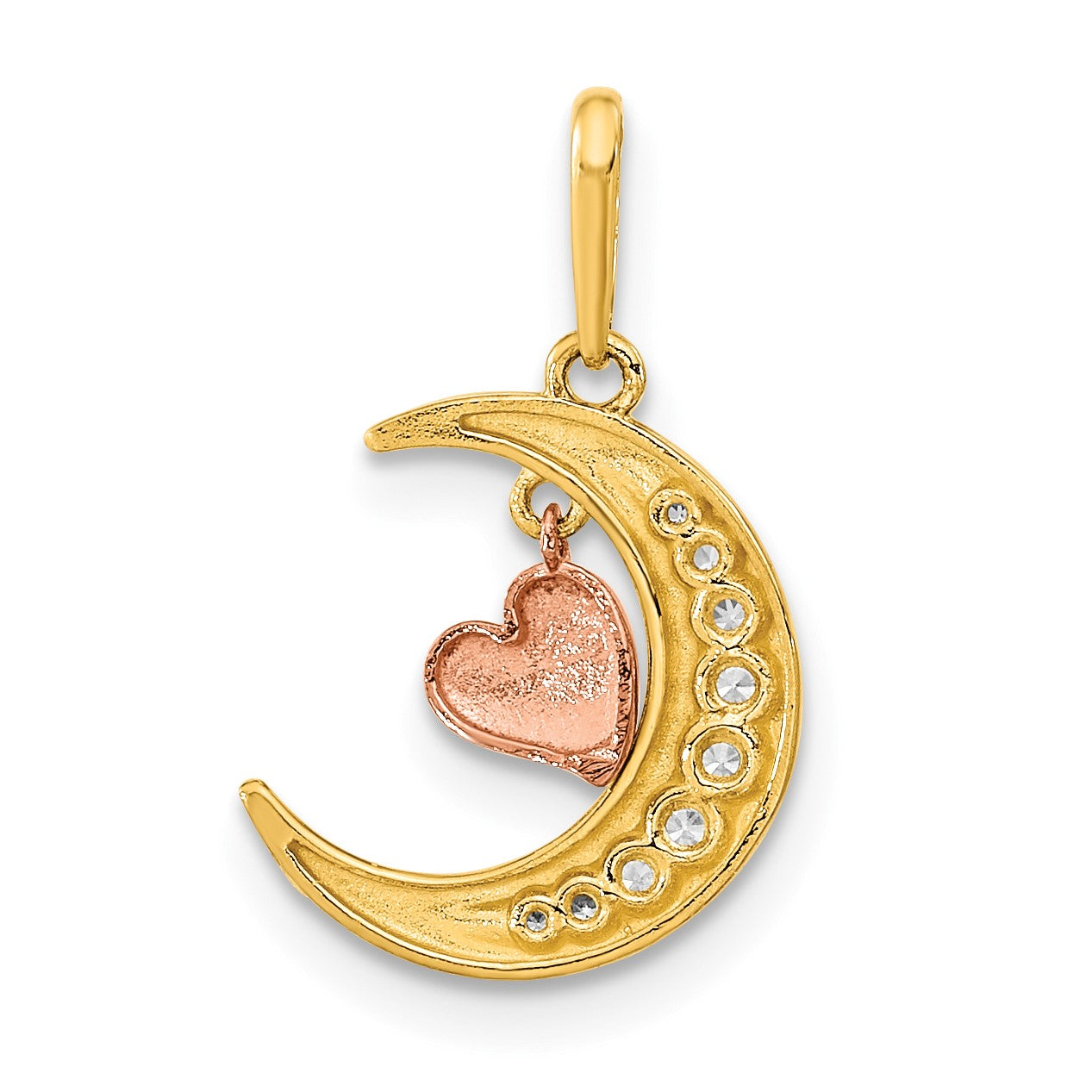 14K Two-tone CZ Moon with Dangle Heart Pendant