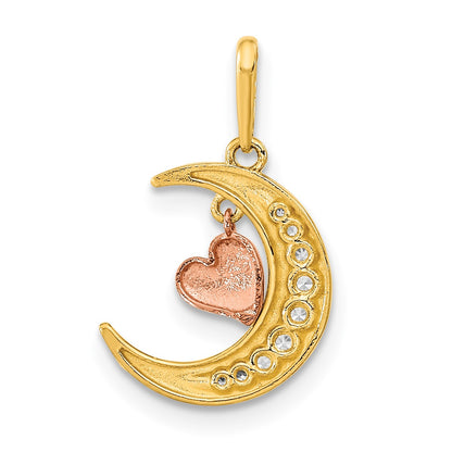 14K Two-tone CZ Moon with Dangle Heart Pendant