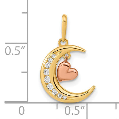 14K Two-tone CZ Moon with Dangle Heart Pendant