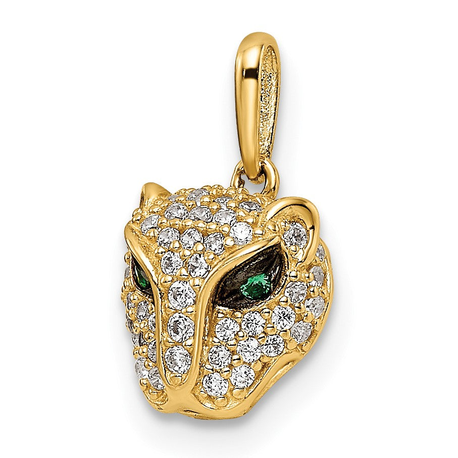 14K Polished Green and White CZ Lioness Head Pendant