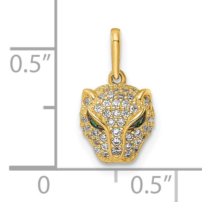 14K Polished Green and White CZ Lioness Head Pendant