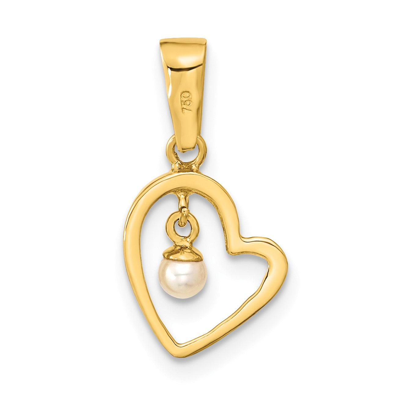 14K Polished 2-3mm Freshwater Cultured Pearl Dangle Open Heart Pendant
