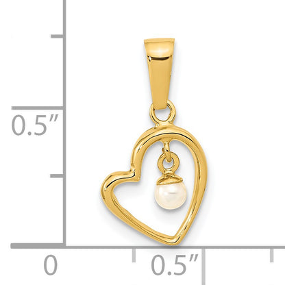 14K Polished 2-3mm Freshwater Cultured Pearl Dangle Open Heart Pendant