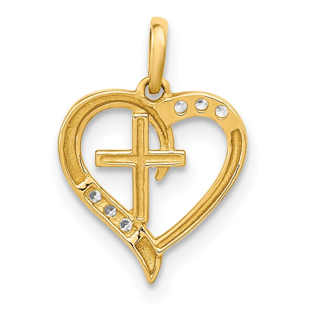 14K Polished Open Heart with Cross and CZ Pendant