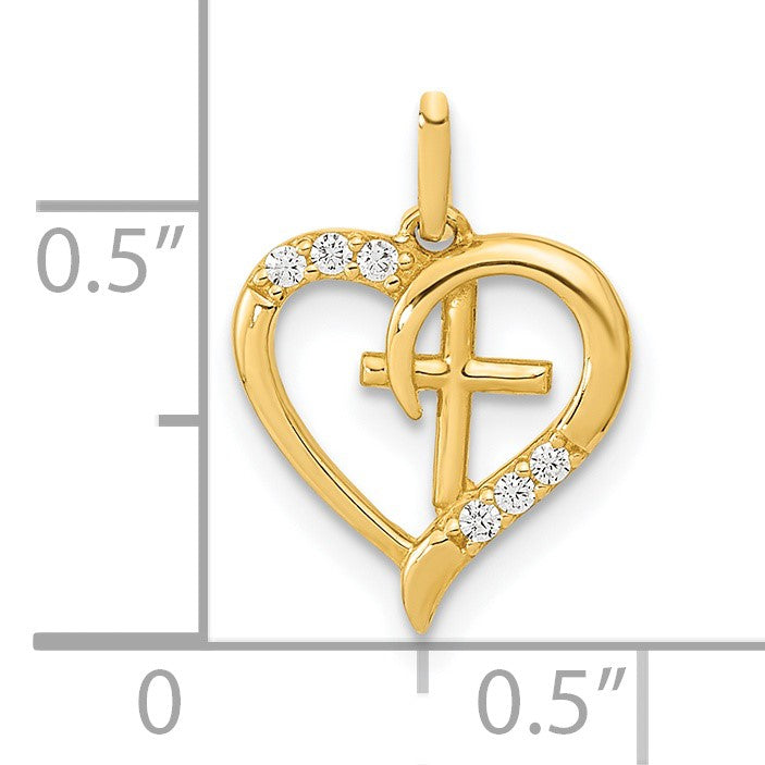 14K Polished Open Heart with Cross and CZ Pendant