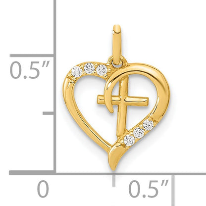 14K Polished Open Heart with Cross and CZ Pendant