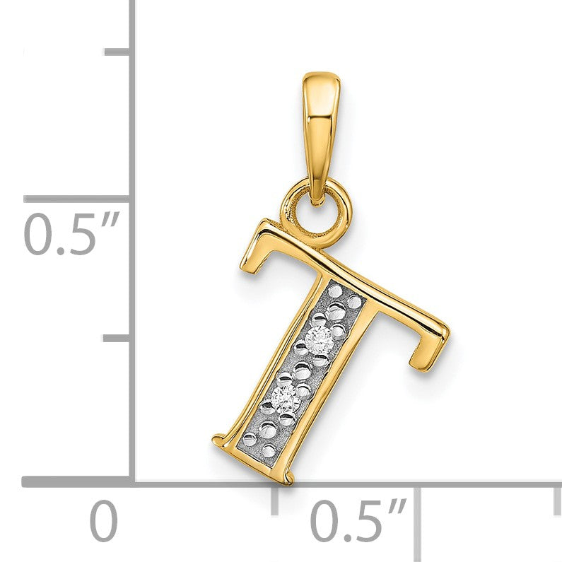 14K with Rhodium Diamond Letter T Initial Pendant
