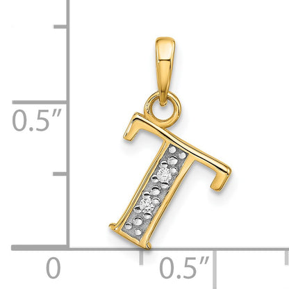 14K with Rhodium Diamond Letter T Initial Pendant
