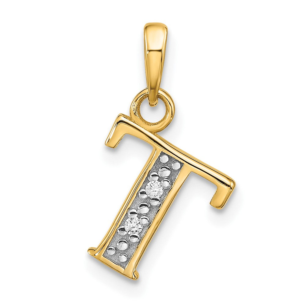 14K with Rhodium Diamond Letter T Initial Pendant