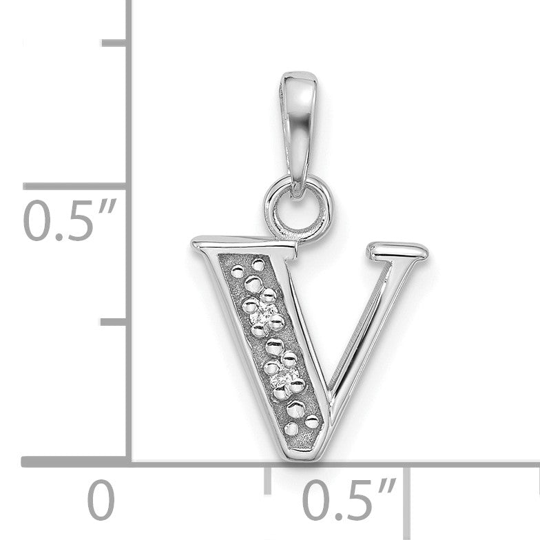 14K White Gold Diamond Letter V Initial Pendant