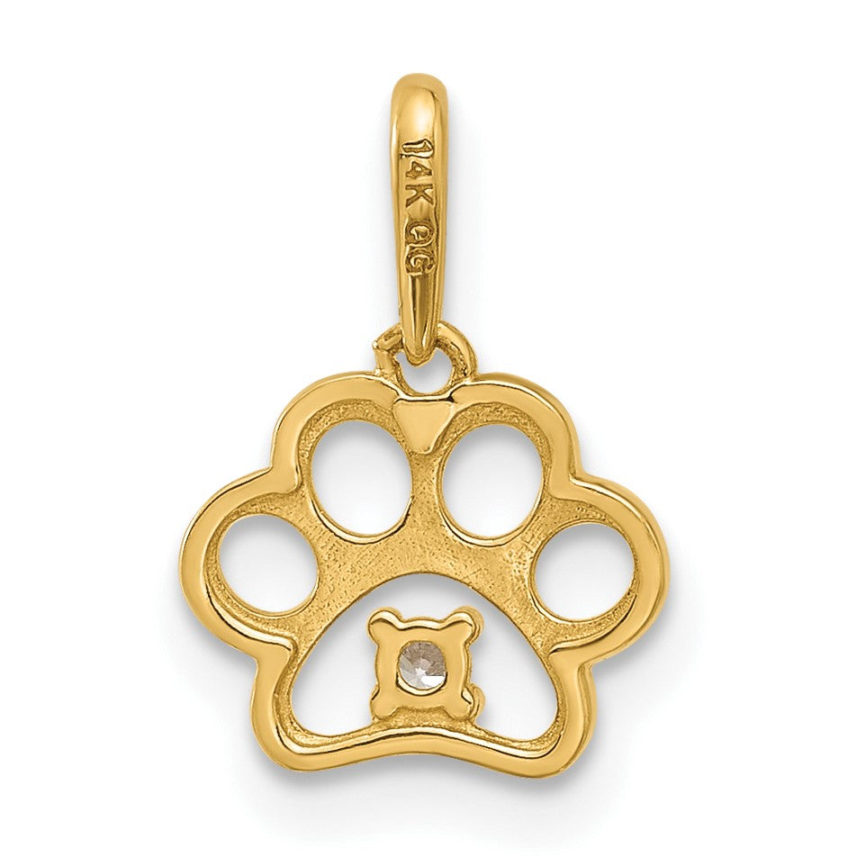 14k Polished CZ Cut-out Paw Print Pendant