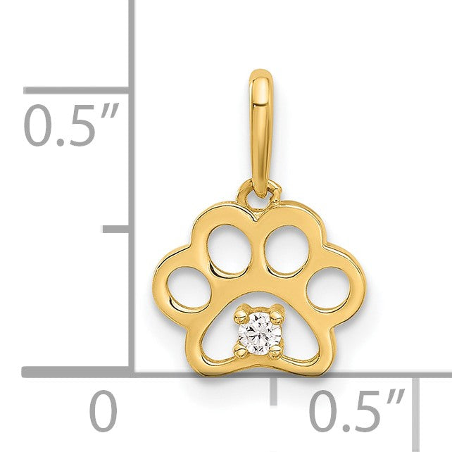 14k Polished CZ Cut-out Paw Print Pendant