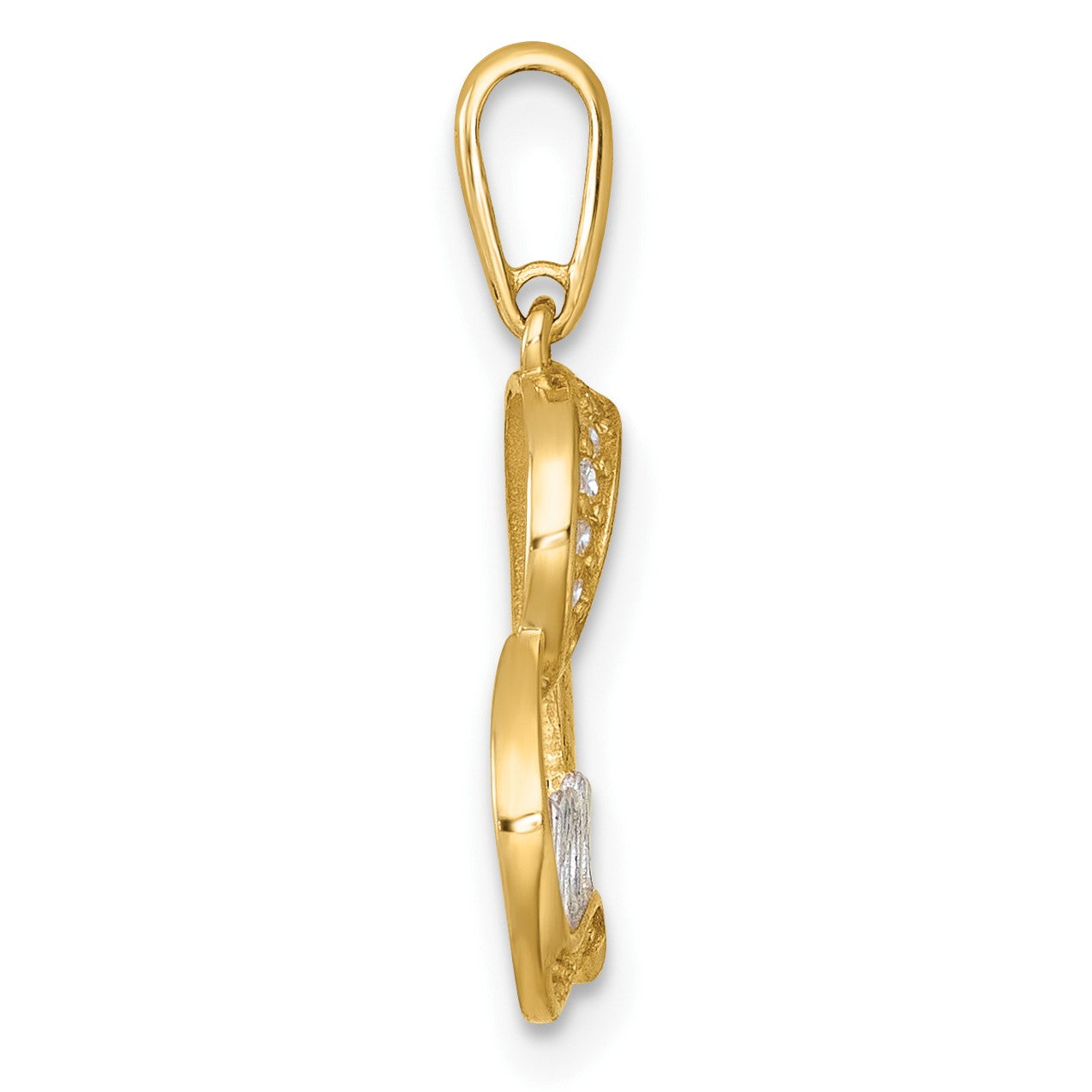 14k and Rhodium Polished White CZ Sideways Open Heart MOM Pendant