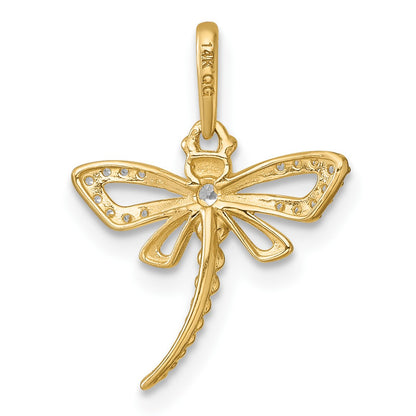 14k Polished and Beaded CZ Dragonfly Charm / Pendant