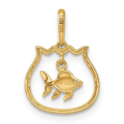 14k Polished Fish Bowl with Dangling Fish Charm / Pendant