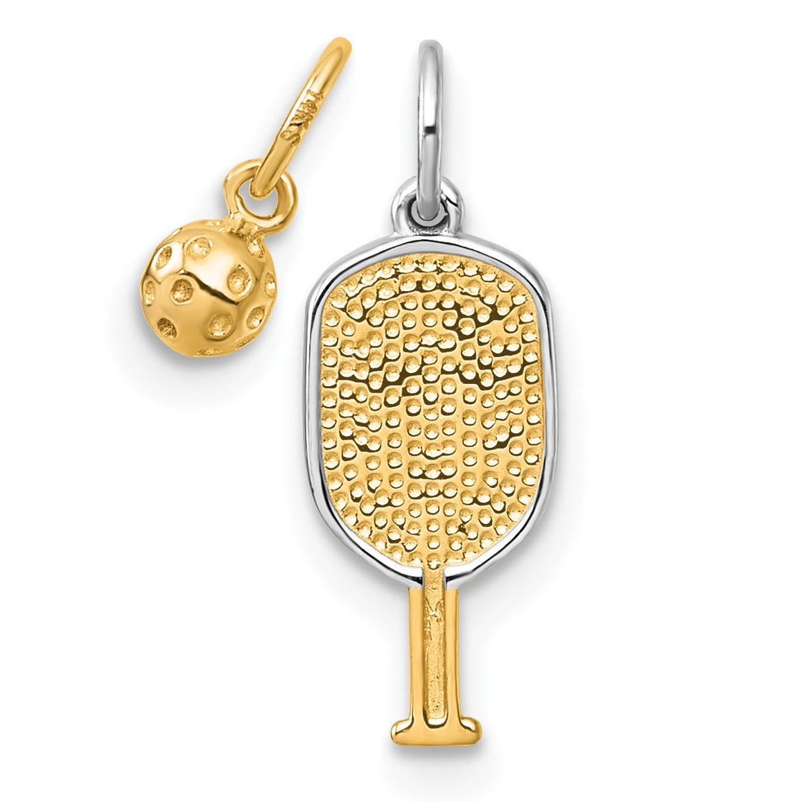 14k with White Rhodium Polished Pickleball Paddle and Ball 2-Piece Charm Pendant Set