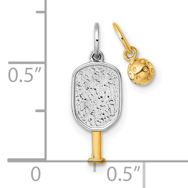 14k with White Rhodium Polished Pickleball Paddle and Ball 2-Piece Charm Pendant Set
