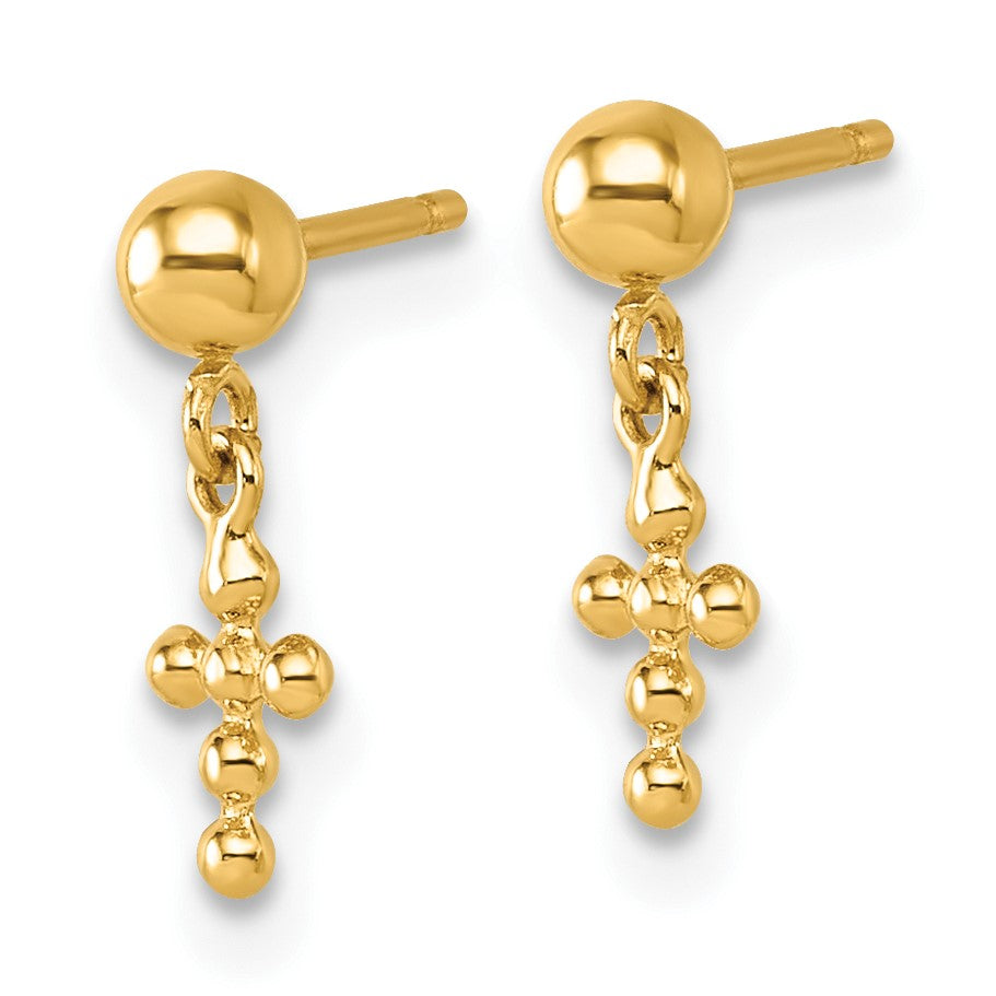 14K Polished Beaded Cross Dangle Post Earrings