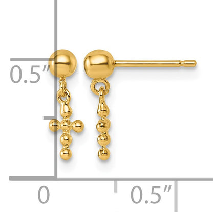 14K Polished Beaded Cross Dangle Post Earrings