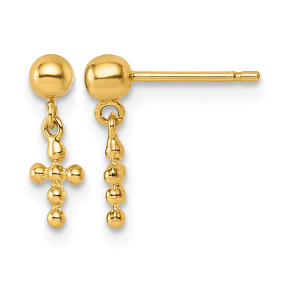 14K Polished Beaded Cross Dangle Post Earrings