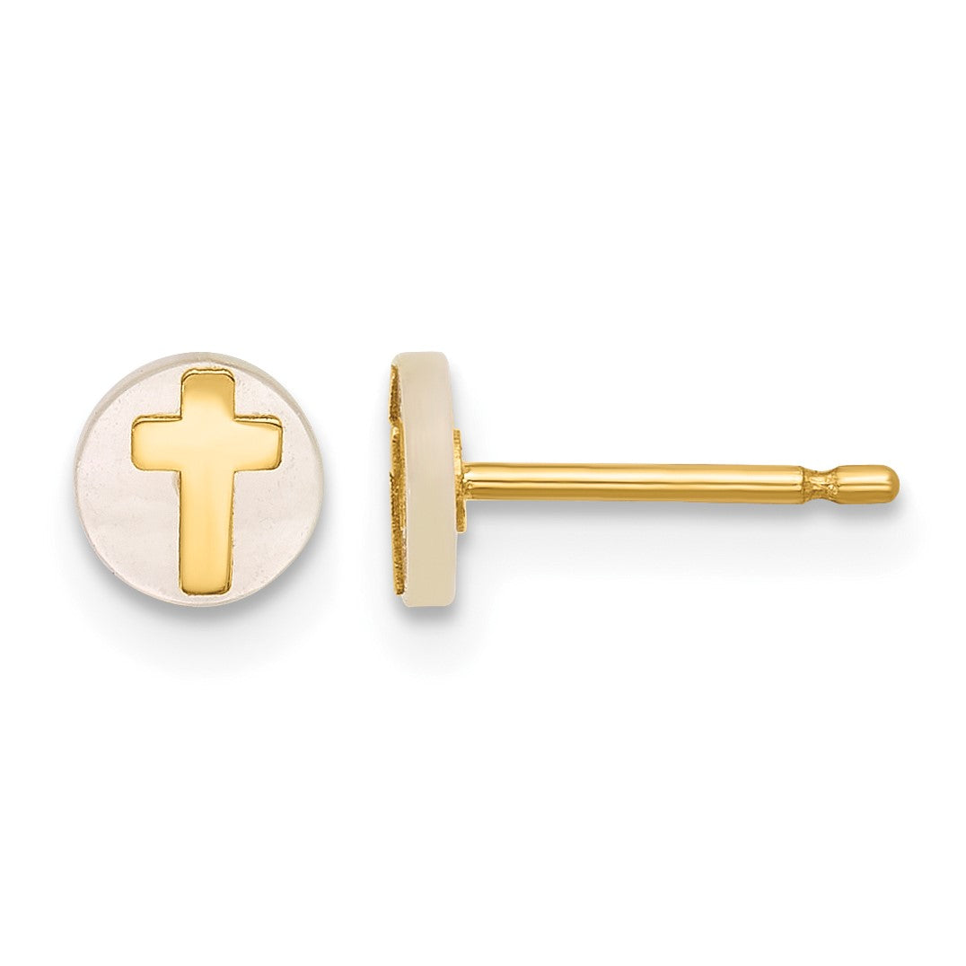 14K Polished Round Mother of Pearl with Cross Post Earrings