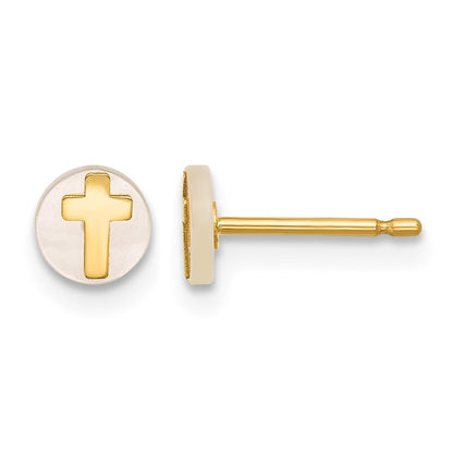14K Polished Round Mother of Pearl with Cross Post Earrings