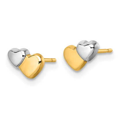 14K with Rhodium Polished Double Heart Post Earrings