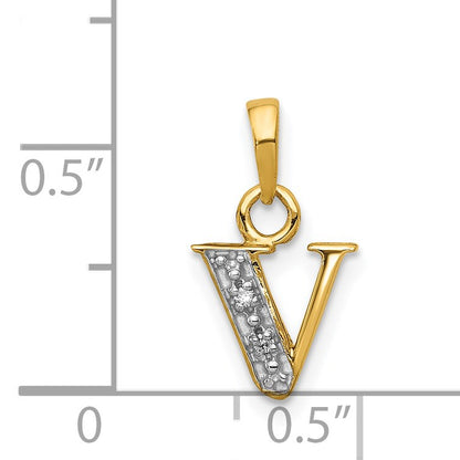 14KY with Rhodium Diamond Letter V Initial Pendant